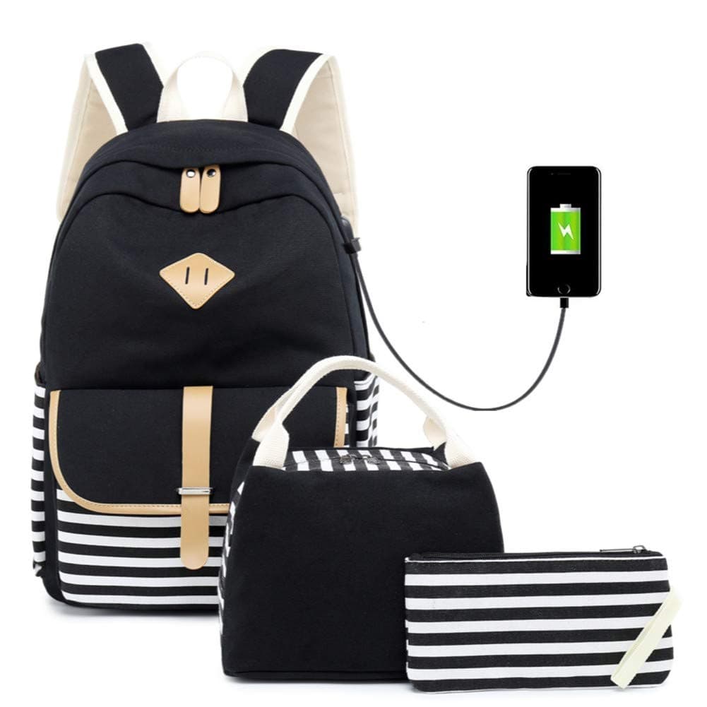 Canvas Backpack Girls Stripe School Bookbag Women College Backpack Travel Casual Daypacks for Teen Girls Black