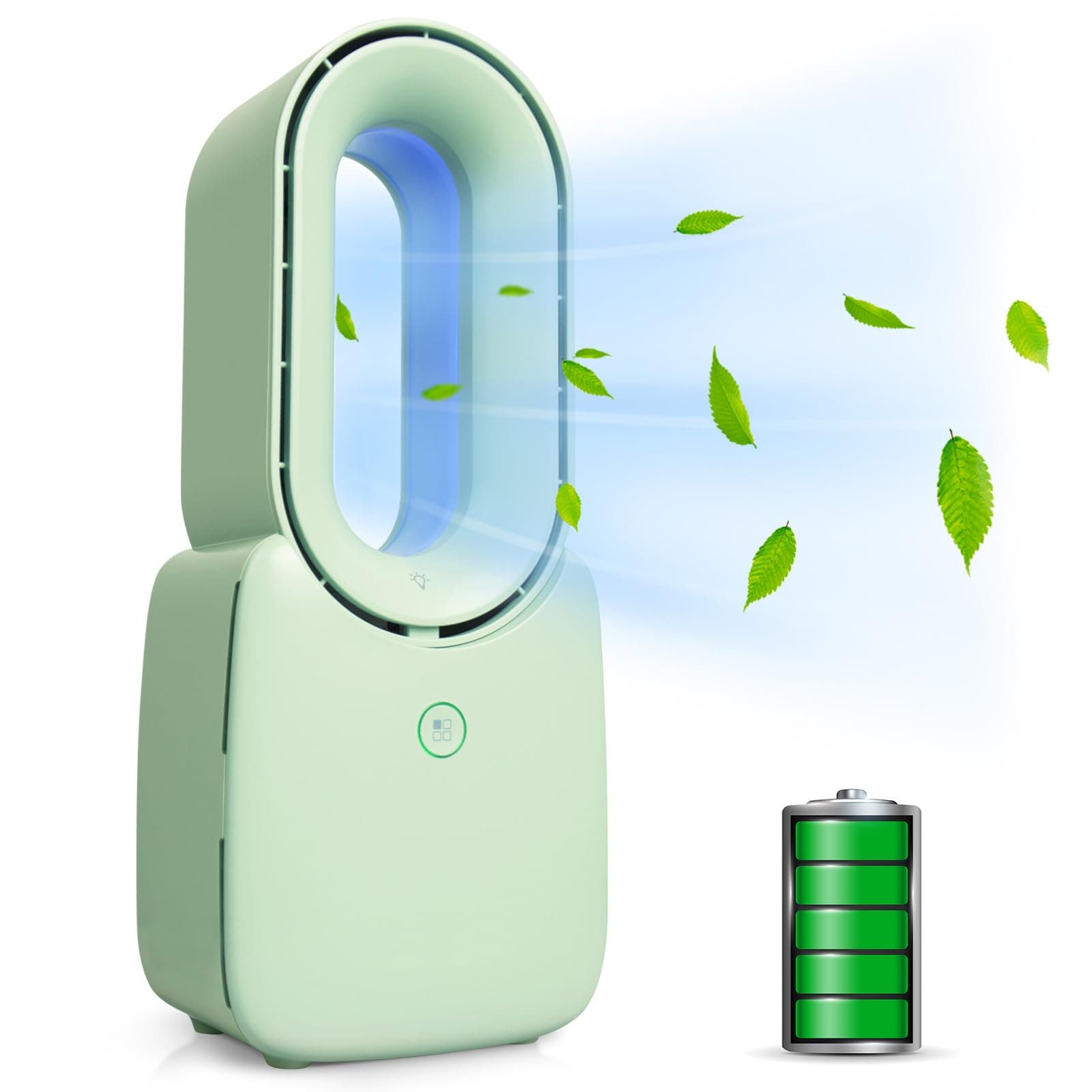 CONBOLA Desk Fan, 11.8 Inch Bladeless Fan Small Table Fan Air Cooler, Portable Rechargeable Breeze Quiet Fan with Touch Control 5-Colors Decorative LED Light for Office Bedroom(Green)