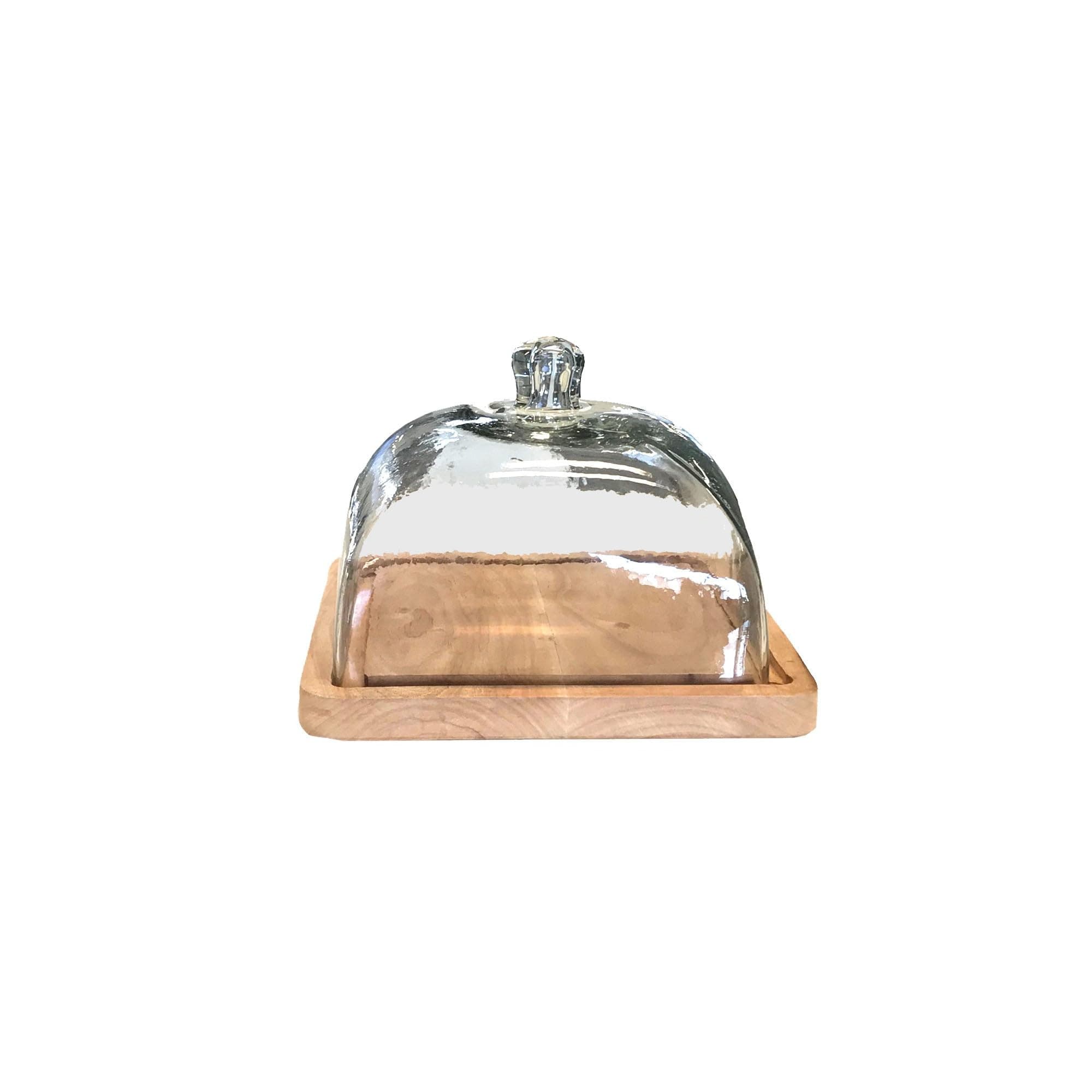 Square Wooden Cheese or Cake Plate and Glass Dome Bell Jar