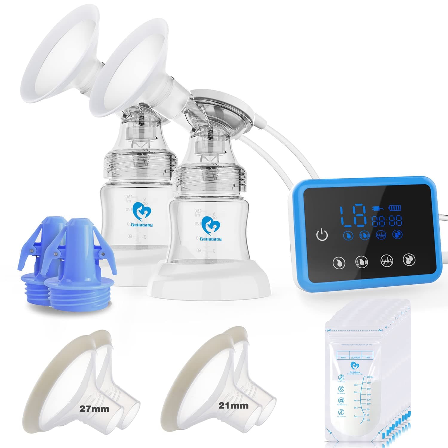 Bellababy Double Electric Breast Feeding Pumps with 21mm,24mm,27mm Flanges,Touch Screen,Pain Free Strong Suction 4 Models 9 Levels Strength (Blue)