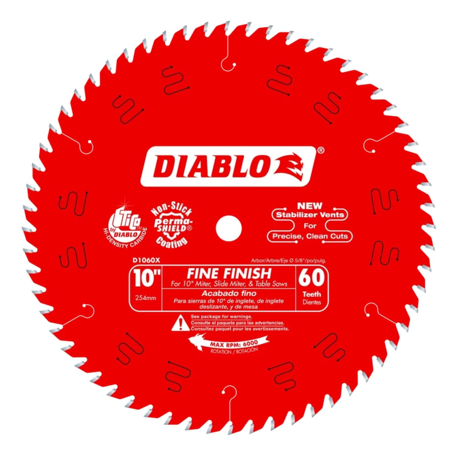 Diablo Fine Finish Saw Blade for Wood - Ultra-Smooth Cuts, 60 Hi-ATB Teeth, 10" Diameter, .098" Kerf, 5/8" Arbor - D1060X