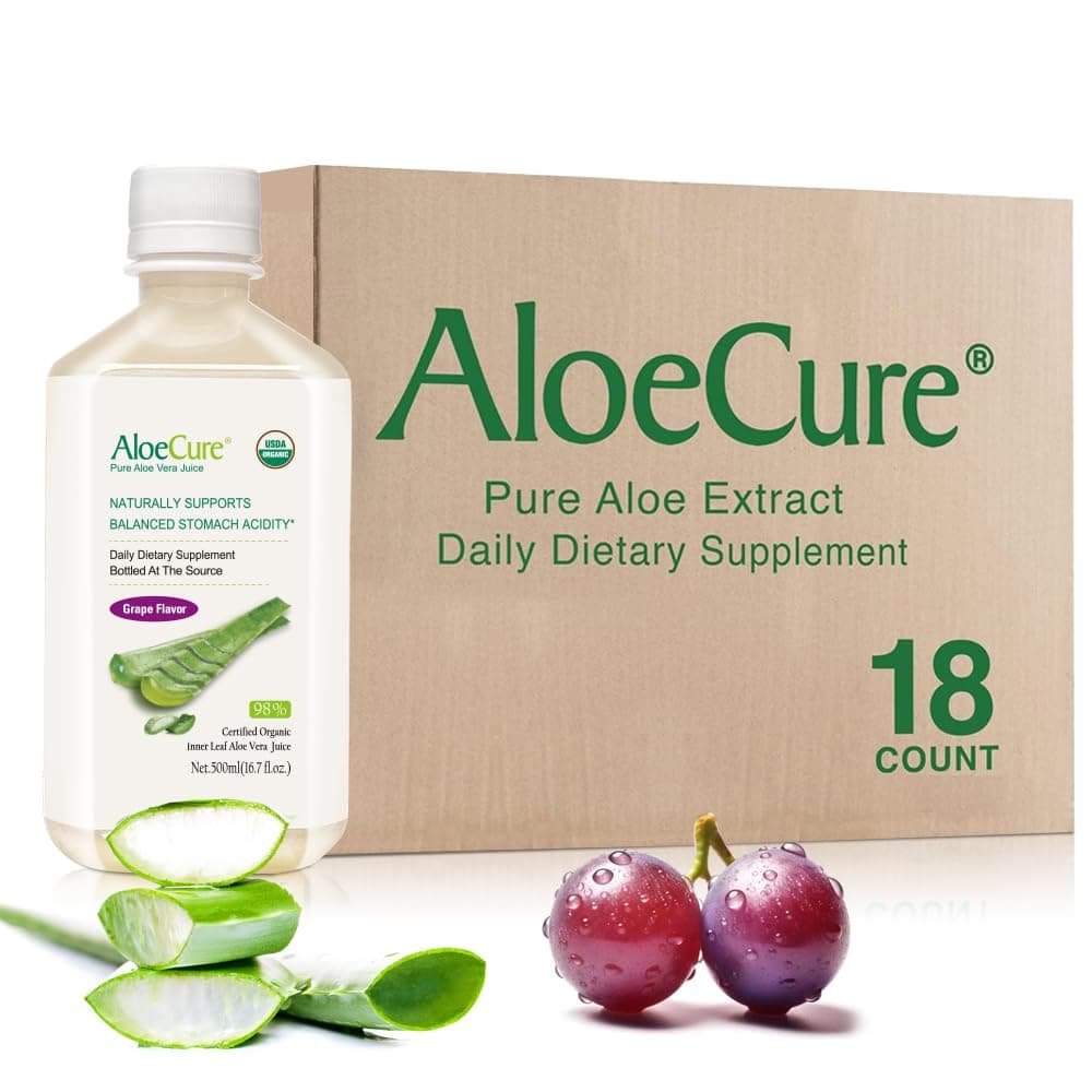 AloeCure USDA Organic Aloe Vera Juice Grape Flavor, Made Within 12 Hours of Harvest - Pure Aloe Vera Digestive & Immune Health Supplement, Helps Maintain Balanced Stomach Acidity, 16.7oz x 18 Btls