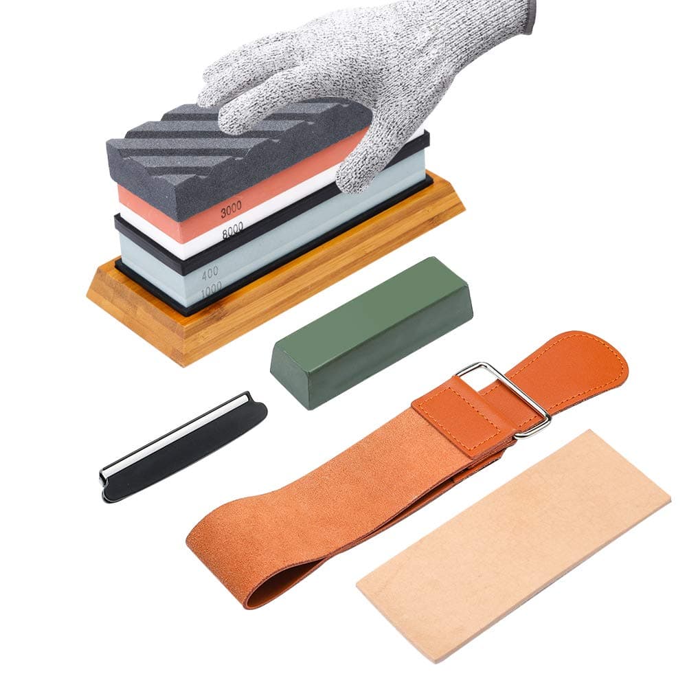 Complete Knife Sharpening Stone Kit–400/1000 and 3000/8000 Grit Whetstone set, Professional wet stone sharpeners kit with Flattening Stone, Leather Strop, Angle Guide, Gloves and Non-slip Bamboo Base