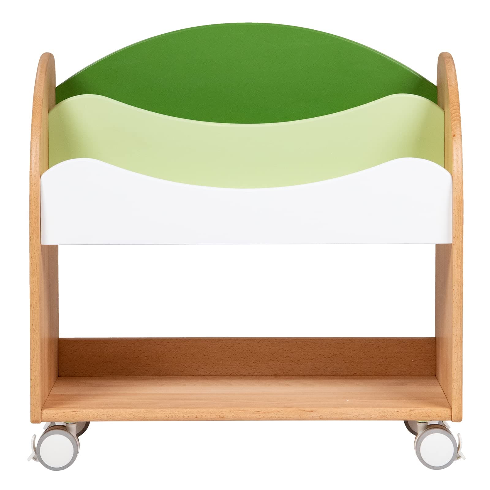 Flying Olly Kids Bookshelf, Solid German Beech Wooden Toddler Bookcase with Wheels, Children Books Display Shelf, Baby Books and Toys Storage Rack, Infant Book Cart for Bedroom, Playing Room - Green