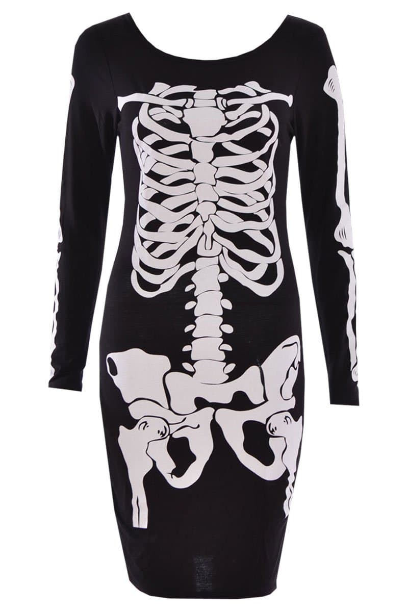 BLISSRETAIL Ladies Women Halloween Skeleton Skull Bones Print Stretch Bodycon Tunic Dress Strap Top Vest Bodysuit