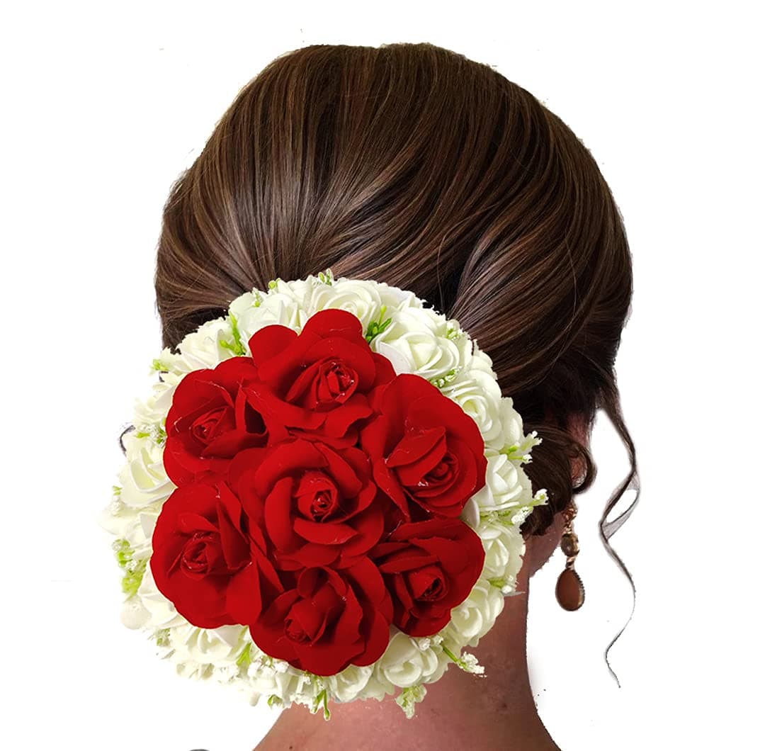 Hair Flare Artificial Floral Gajra with Red and White Roses Judapin, Juda Bun Bridal Hair Bun Cover Accessories For Women and Girls- 2240, Pack of 1