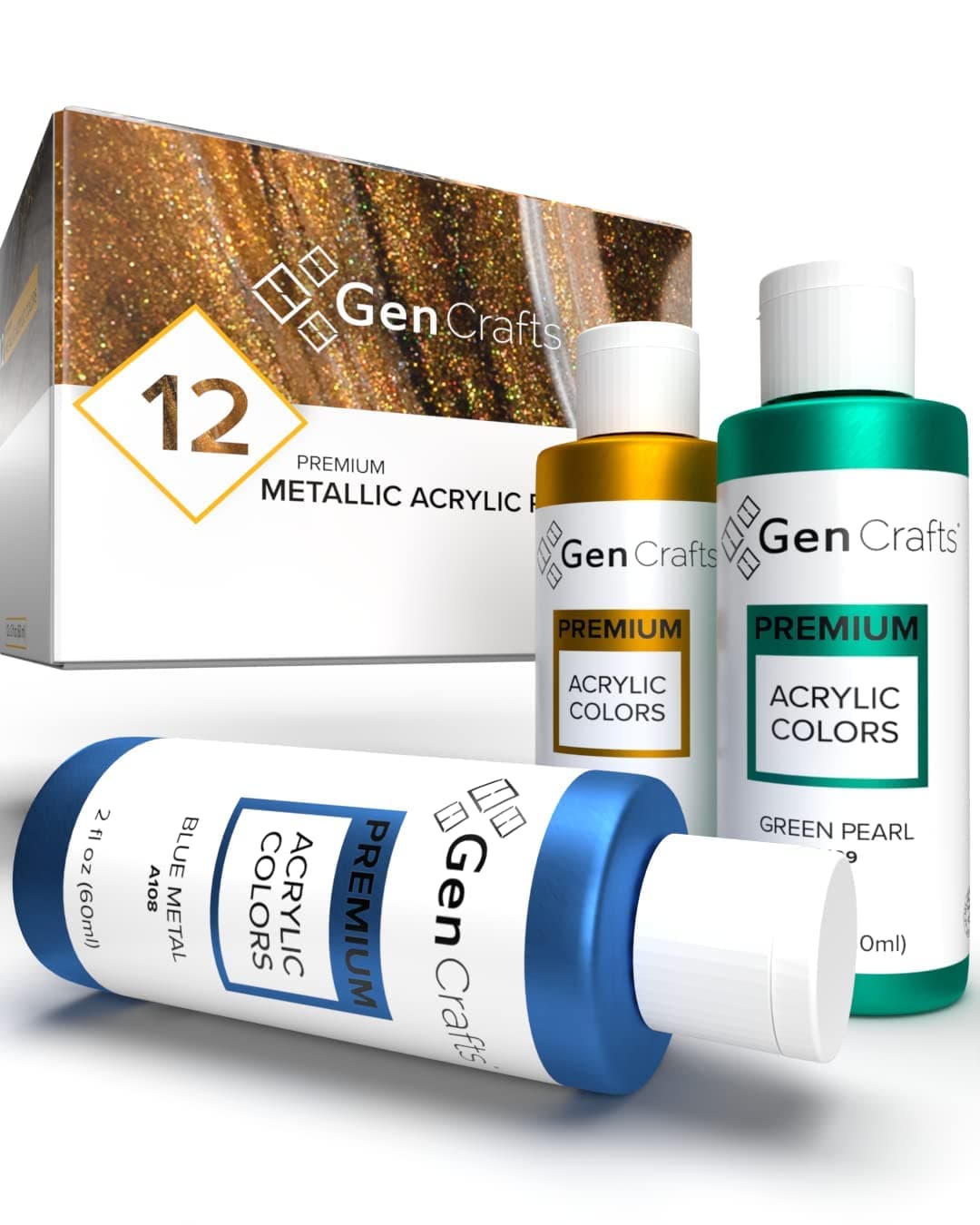 GenCrafts Metallic Acrylic Pouring Paint 12 Colors Pre-Mixed High Flow & Ready to Pour - 2 oz./60 ml Bottles - Multi-Purpose Paints for Canvas, Paper, Rocks, Wood