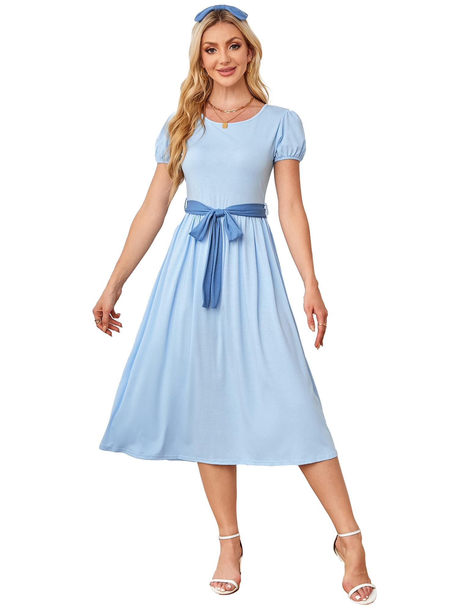 LeevuyuWomen Halloween Costumes Crewneck Long Maxi Dresses with Bow Belt