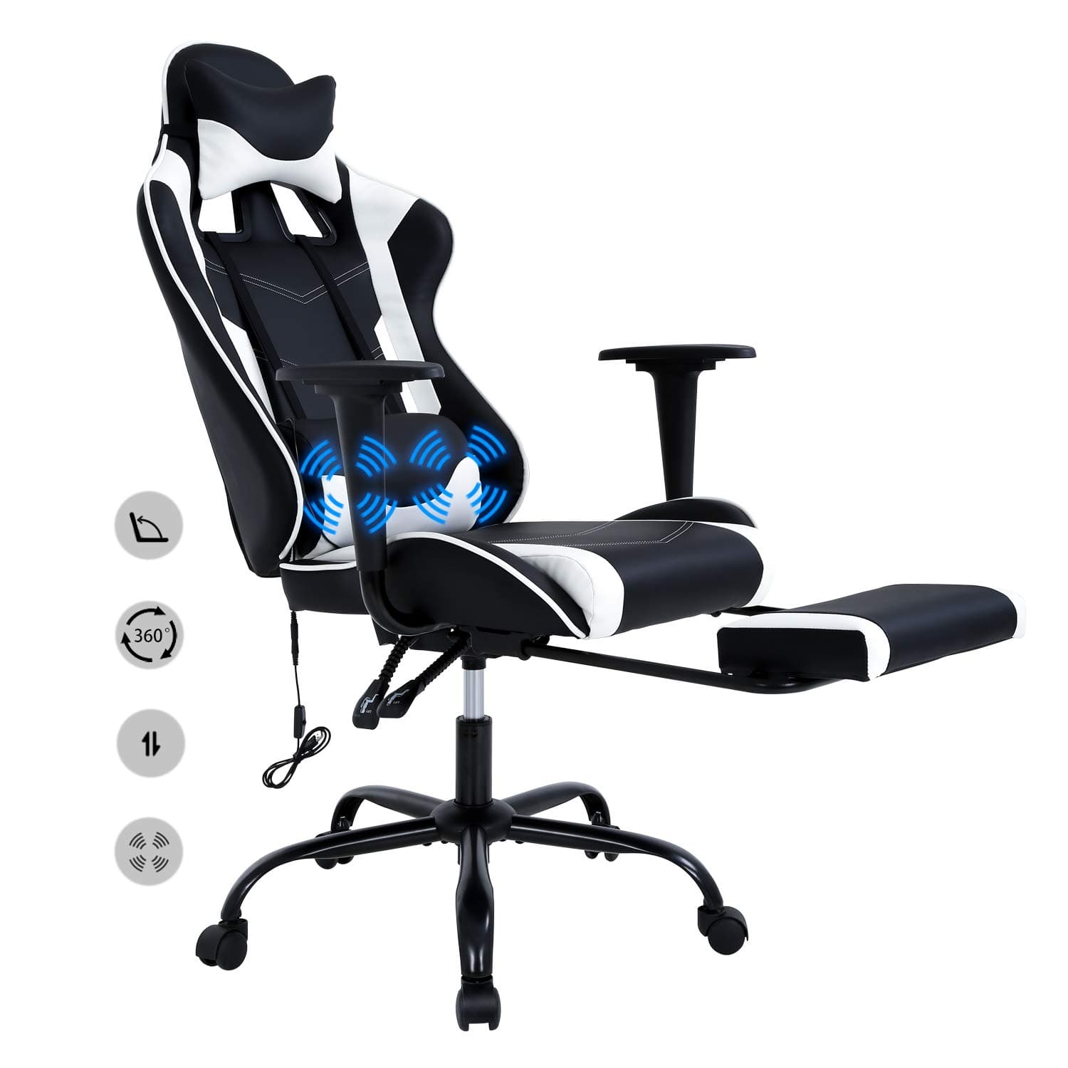 HCBGaming Chair, Computer Office Chair, Ergonomic Desk Chair Height Adjustable Recliner Swivel High Back with Lumbar Support, Footrest, Headrest, Racing Style （White）
