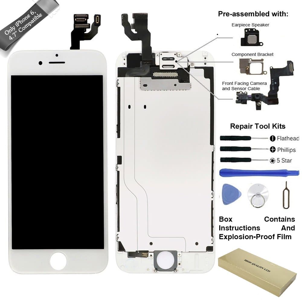 4.7 inch High Definition LCD Screen Display Touch Digitizer Frame Assembly for iPhone 6 and Replacement Repair with Tools & Glass Screen Protector,New repair and new protection. (White)
