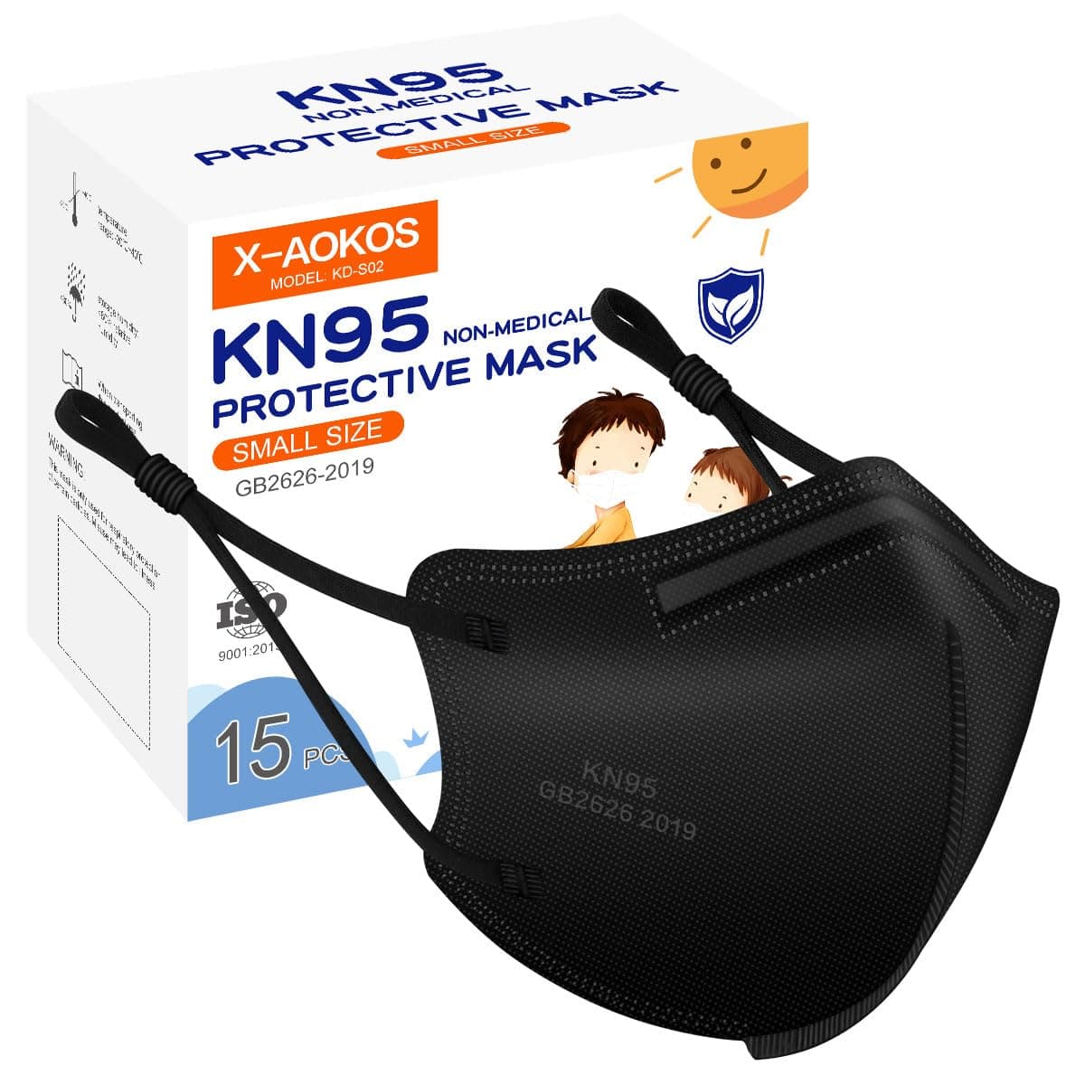 X-AOKOS Kids KN95 Protective Face Masks 15 Pack, 5-Layer Disposable Respirator Masks with Adjustable Ear Loops and Nose Sponge Pad, Black