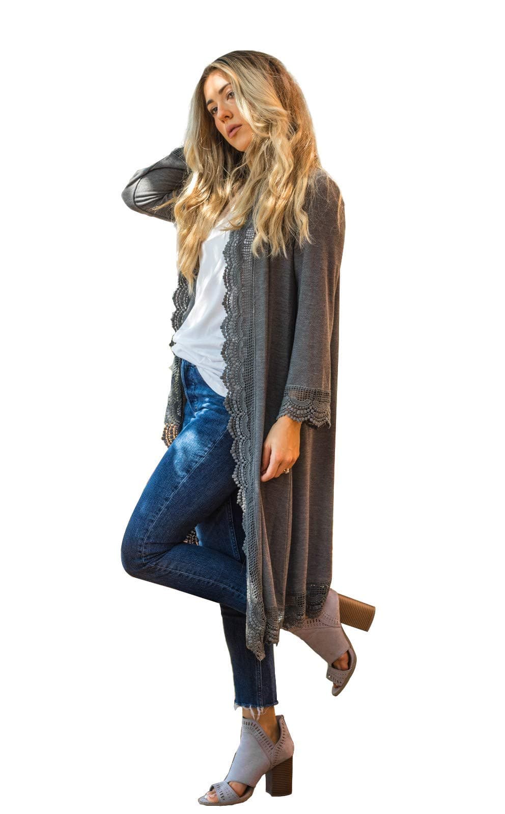 Tickled Teal Women's 3/4 Sleeve Lace Trim Casual Wrap Cardigan Coverup Outerwear Sweater