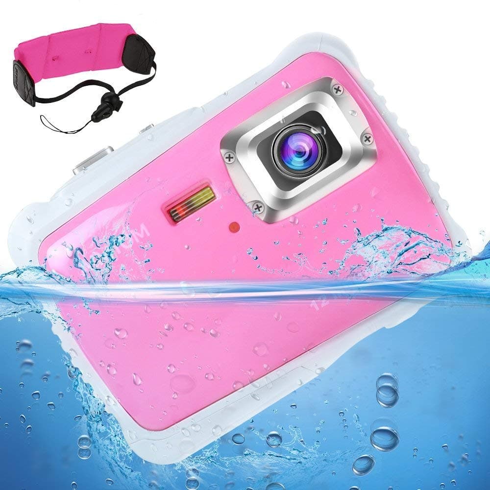 [Updated 2019 Model] AIMTOM 12MP Pink Kids Underwater Digital Waterproof Camera, Boys Girls Action Camcorder, 2” LCD Screen Children Birthday Learn Sports Cam Floating Wrist Strap Included