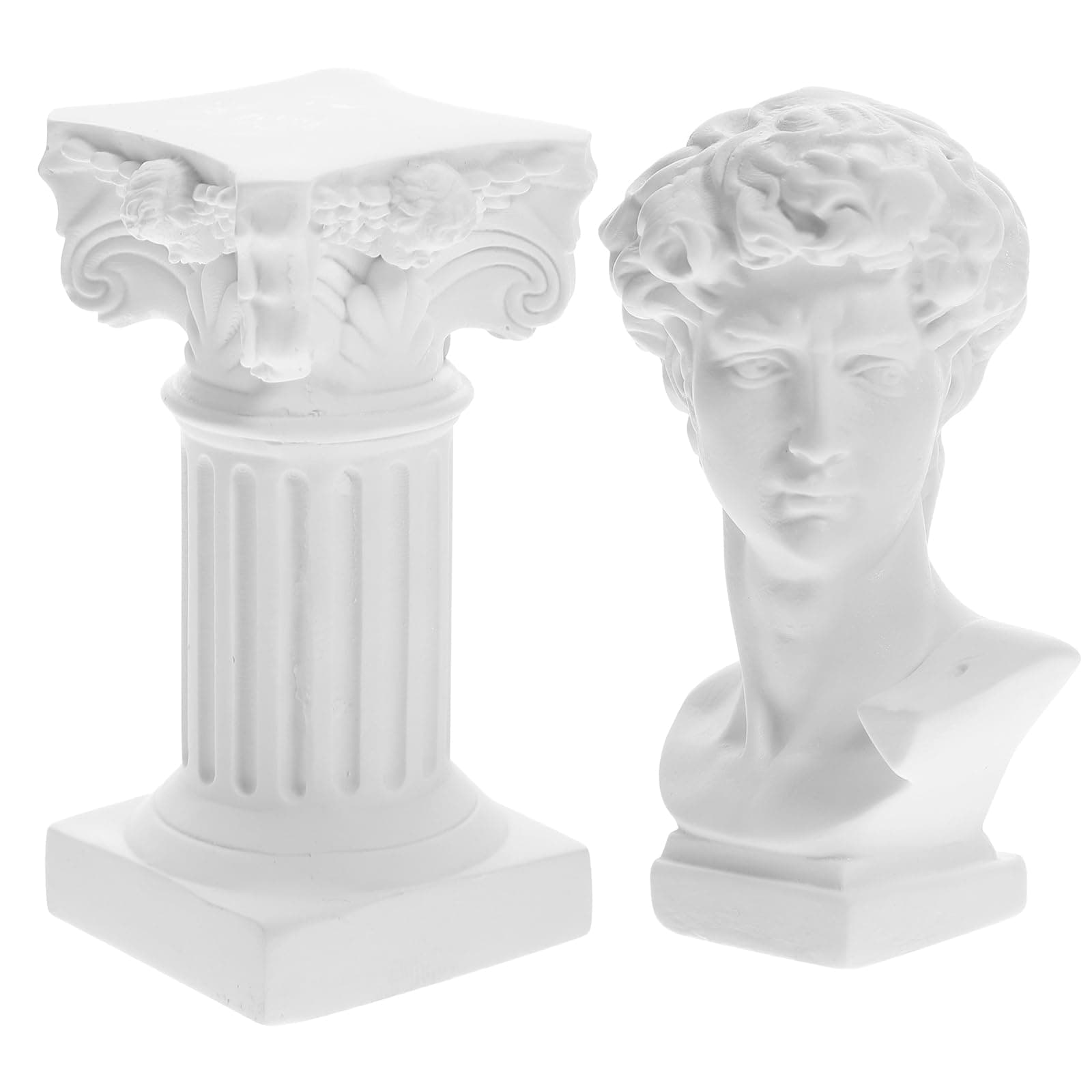 HOMSFOU Greek Statue of David Bust Resin Mythology Sculpture White Roman Pillars Greek Columns David Head Artist Figurine for Roman Bookshelf Tabletop Office Decor