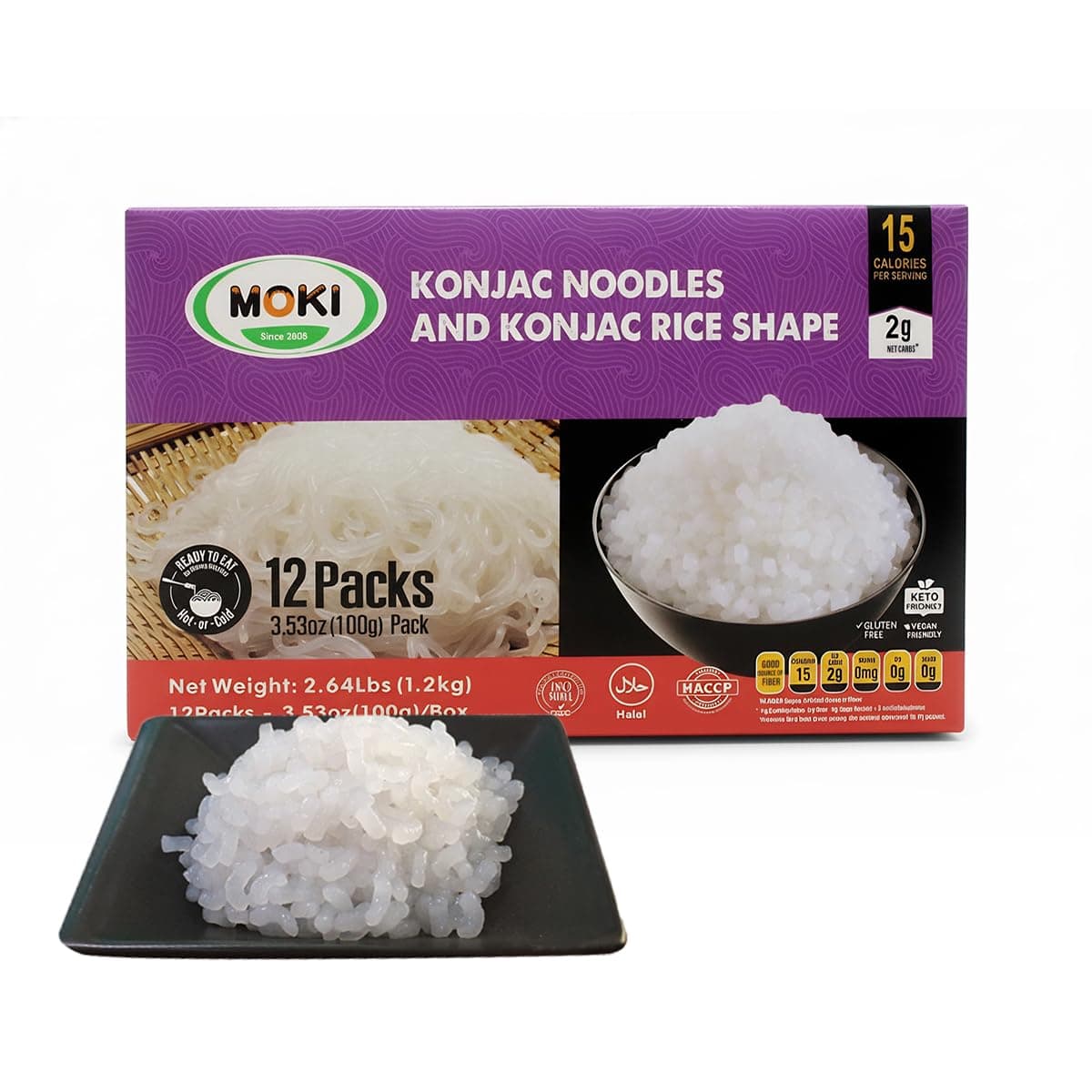 MOKI Shirataki Konjac Rice,Low Calorie Keto Rice, Gluten Free, Plant Based, Low Carbs,Vegan, Fat Free, Keto and Paleo Friendly Rice - 12 Pack Inside 3.53 oz Each