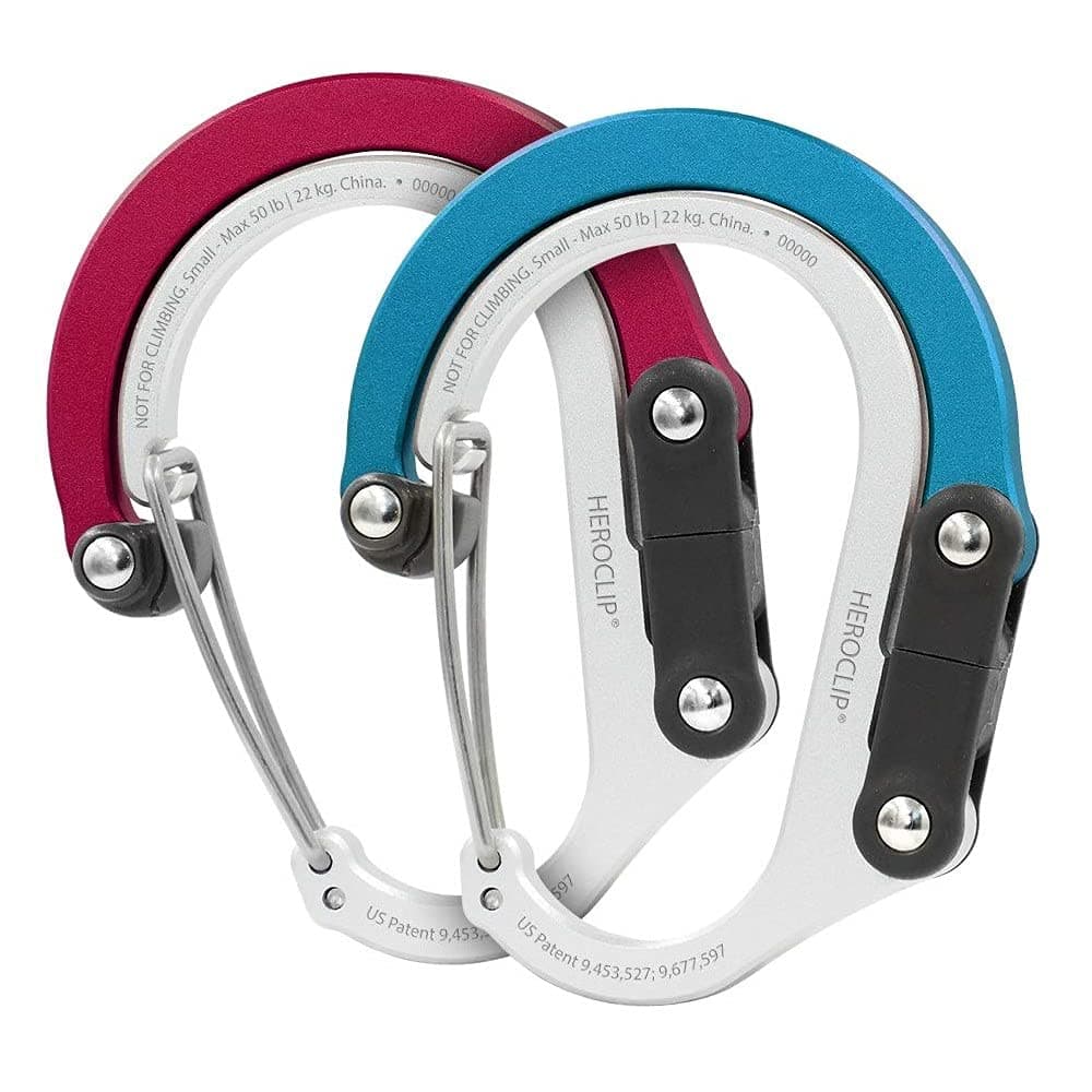 HEROCLIP Carabiner Clip and Hook (Small) for Purse, Stroller, and Backpack, Hot Rod Red & Blue Steel, 2-Pack