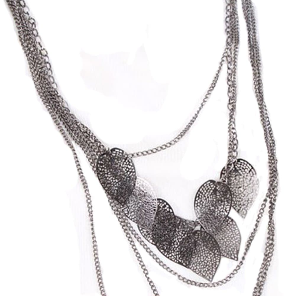 Ocaler174; Womens Fashion Vintage Multi-layers Silver Chain Hollow Leaf Sweater Long Necklace (Black)