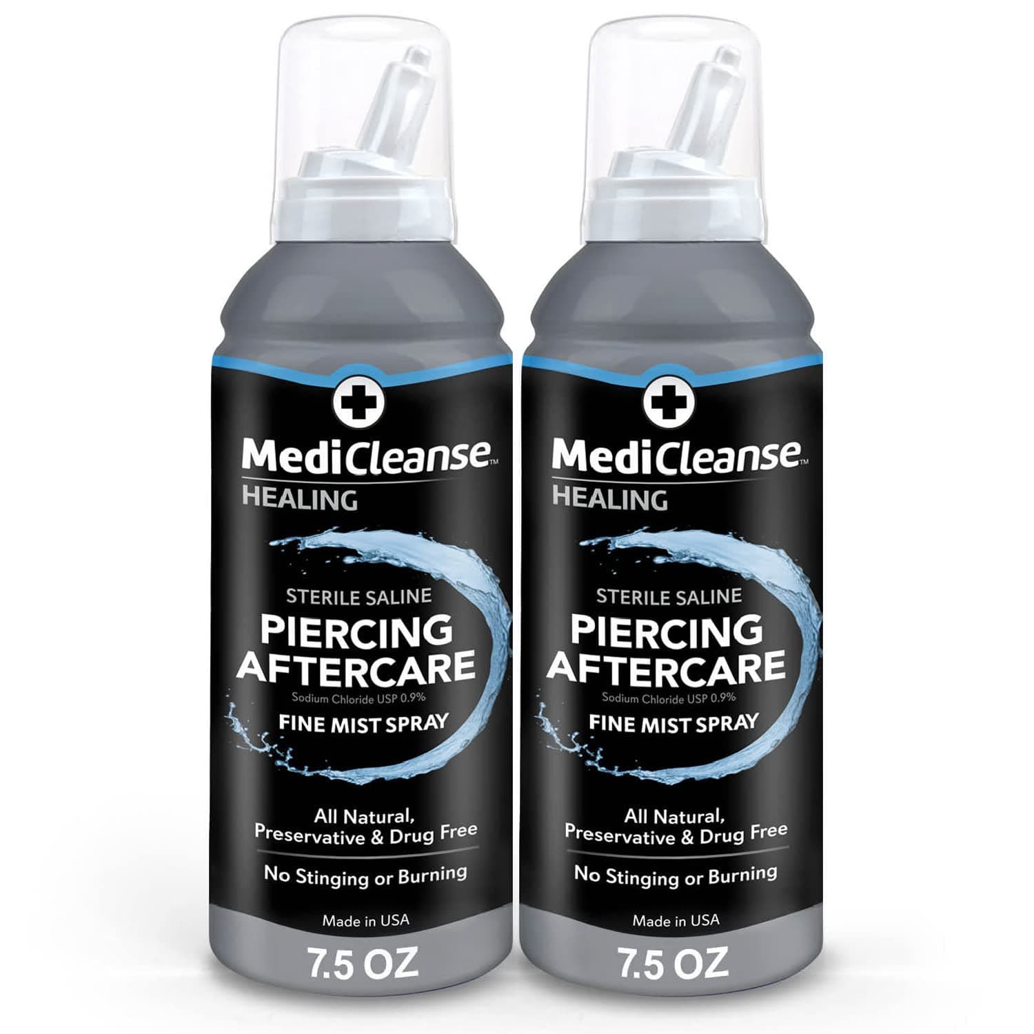 MediCleanse Sterile Saline Piercing Aftercare Fine Mist Spray, 7.5 Ounce, All Natural, No Alcohol, Vegan Friendly, for Piercings and Tattoos, Made in USA, Pack of 2