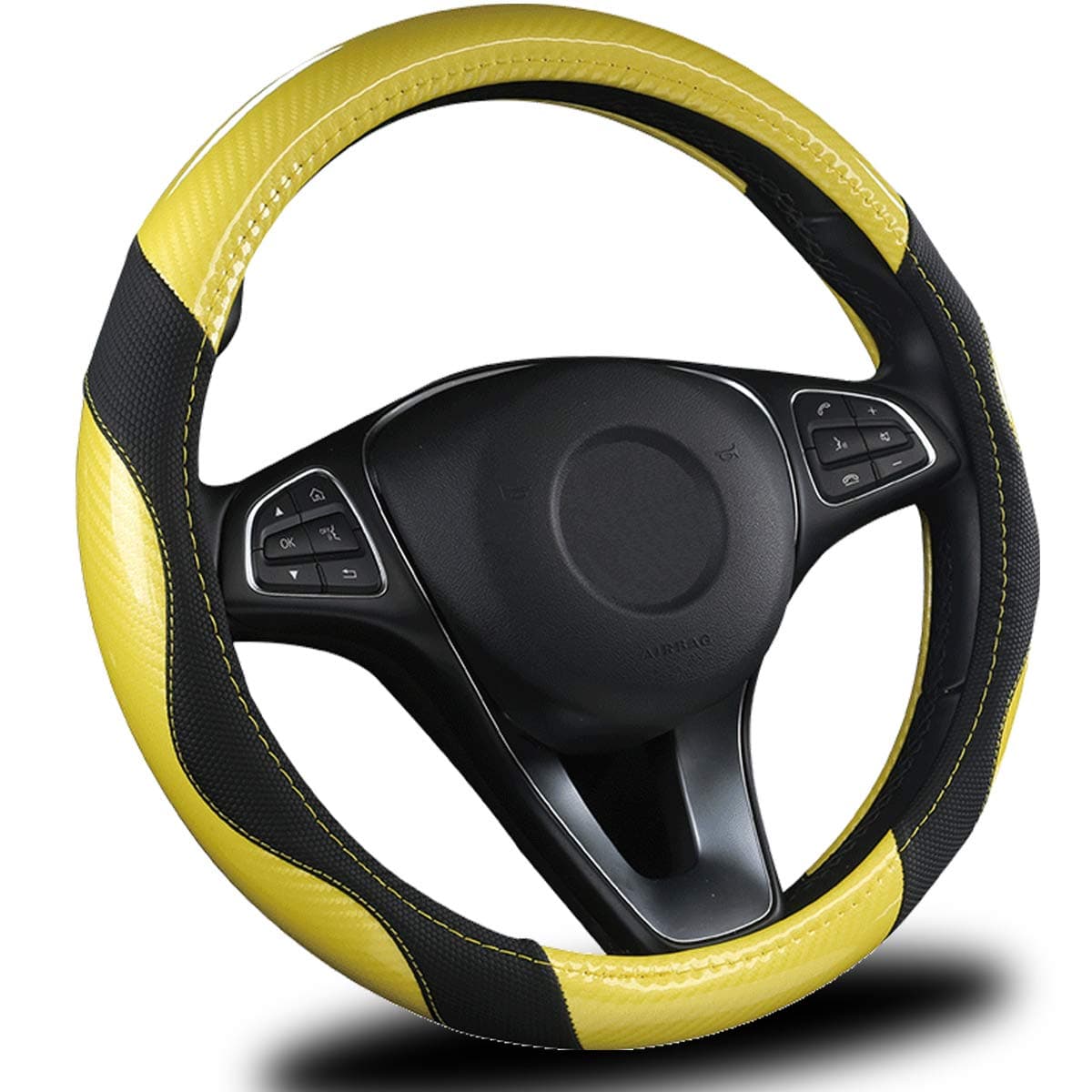 Steering Wheel Cover for Car, Universal 15 inch, Odorless, Breathable, Anti-Slip, Sporty, Soft and Snug Grip, Carbon Fiber Effect (Yellow | Black)