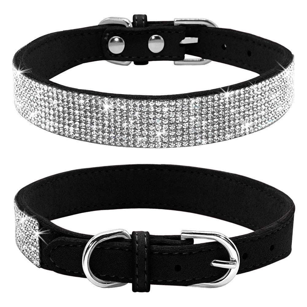 Rhinestone Dog Collar, Cute Dazzling Sparkling Soft Suede Leather Dog Cat Rhinestone Collar Crystal Diamond Pet Dog Puppy Collar(Black,L fit Neck 38-46 cm)