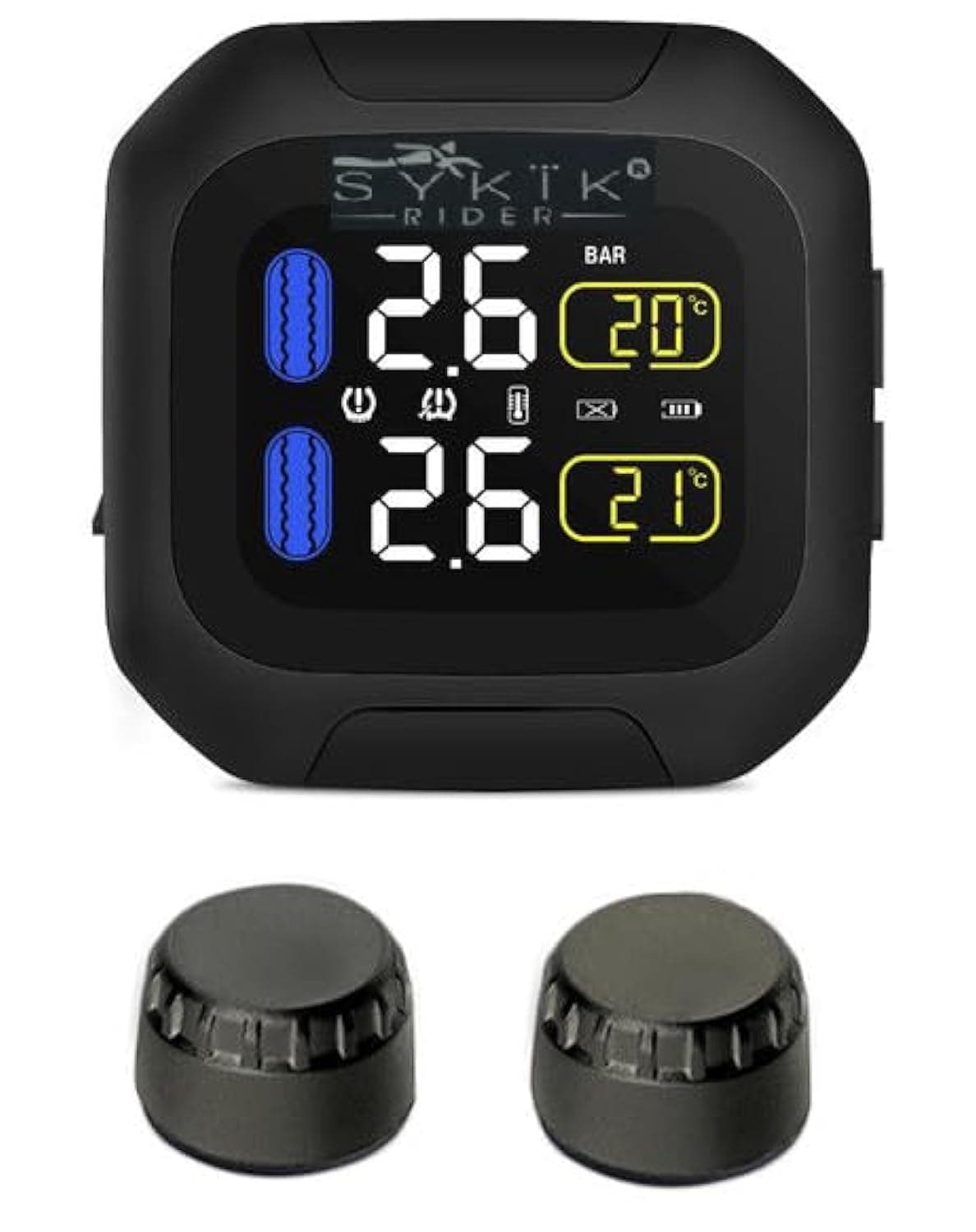 Sykik Rider SRTP300 Wireless tire Pressure Monitoring System for Motorcycles with 1.5” Monitor. Check Your tire Pressure While Riding
