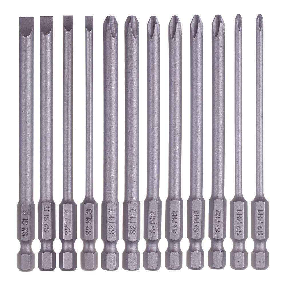 Rocaris 12 Pack 1/4 Inch Hex Shank Long Magnetic Screwdriver Bits Set 4 in Power Tools (Slotted+Cross Head)