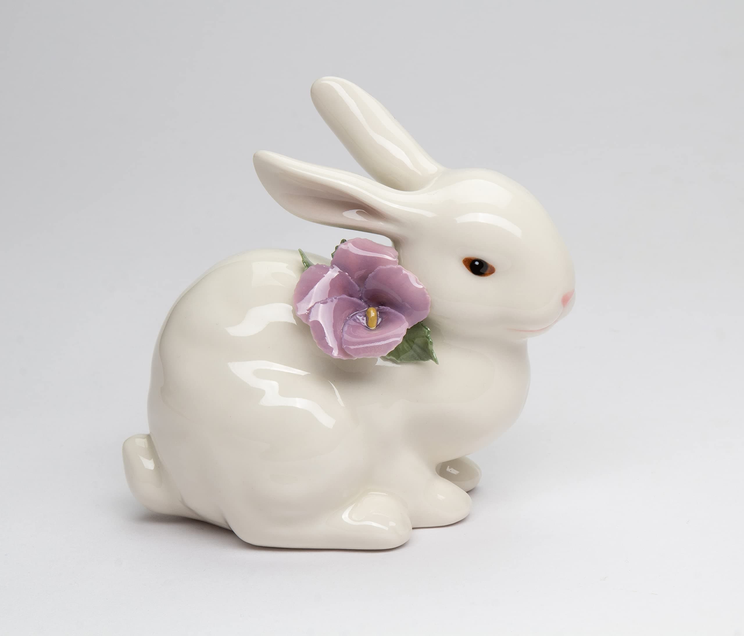 Cosmos Gifts Fine Porcelain Spring Easter Bunny Rabbit with Purple Lilac Pansy Flower Figurine, 4.25 inch