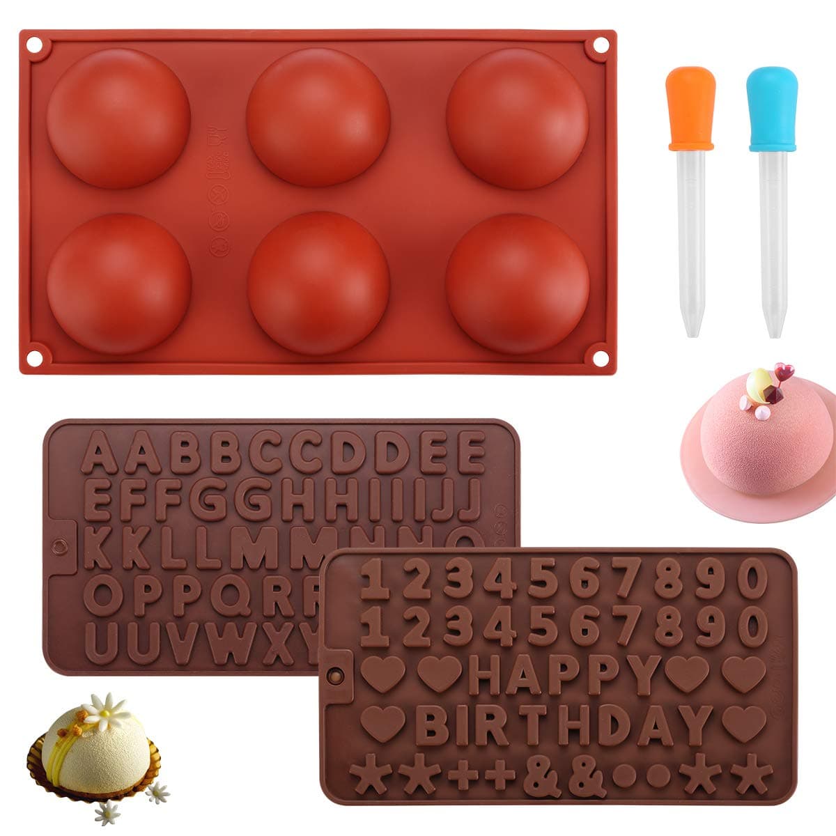 Silicone Molds for Chocolate, Hot Chocolate Bomb Mold with Letter Number Symbols Large 6 Cavity Semi Sphere Silicone Molds for Cake Jelly Cookie Dome Mousse(3 Pack Comes with 2 Droppers)
