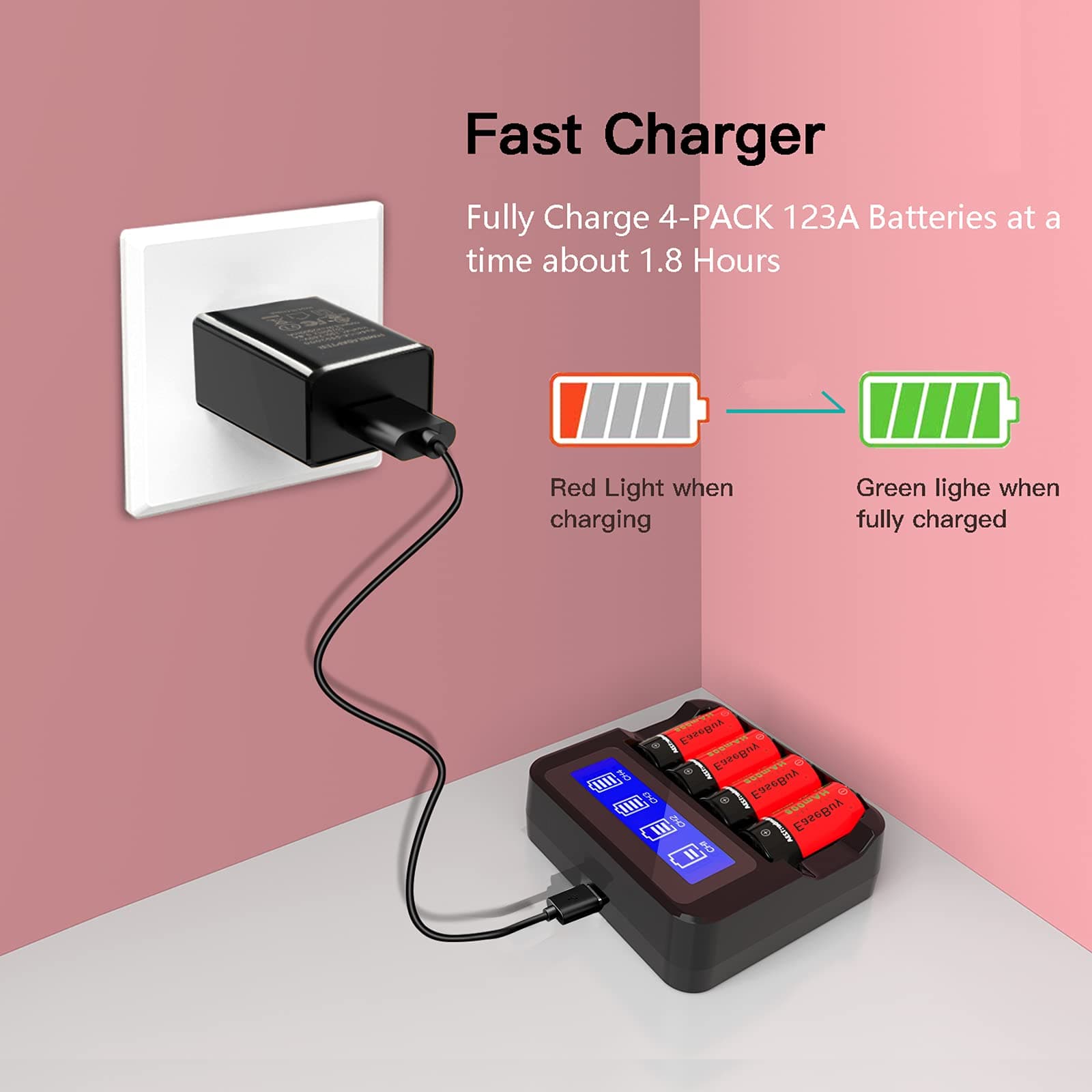 Arlo Rechargeable Batteries 8 Pack, 800mAH ICR17335 NiMh 123A Batteries and CR123A Charger for Arlo VMS3130 VMC3030 VMK3200 VMS3330 3430 3530 Cameras, August Pro, Flashlight