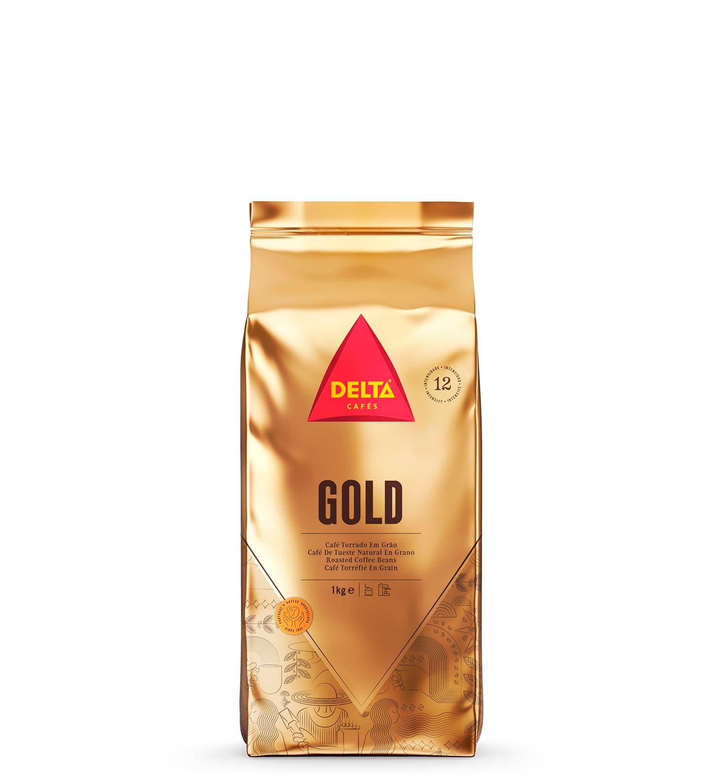 Delta Cafés Gold Whole Bean Coffee 1kg/35.2oz, Intensity 12, Arabica Roasted - Cereal and Popcorn NotesNaturally Roasted Espresso Beans
