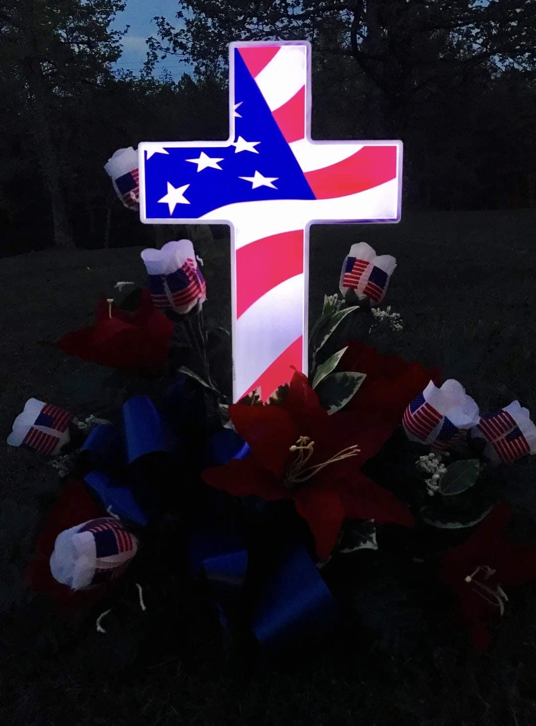 Solar Lighted American Flag Cross by Eternal Light | Veteran Cross Decoration Heartfelt Cemetery Memorial 14" x 10"