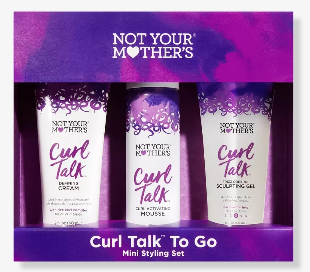 Not Your Mothers Curl Talk To Go Mini Styling SET. Curl Talk Defining Cream, Curl Activating Mousse & Talk Defining Cream.
