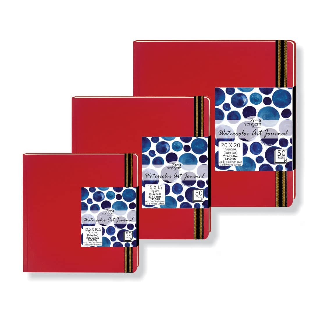 Zen Sangam Artists’ - Square Combo Stitchbound Watercolor Journal - 245 GSM - 20% Cotton Cold Pressed Sketchbook - (50 Pages) Each - Size (20x20cm, 15x15cm, 10.5x10.5cm) - Watercolour Book - Ruby Red