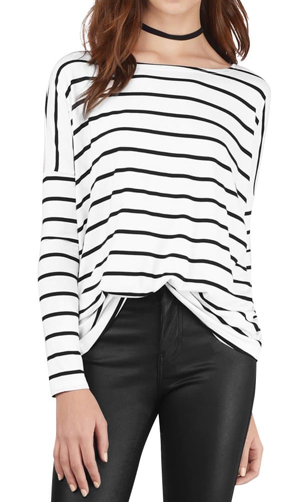 Oyanus Womens Stripe Long Sleeve Black and White Loose Casual Blouse Tshirt Tops M