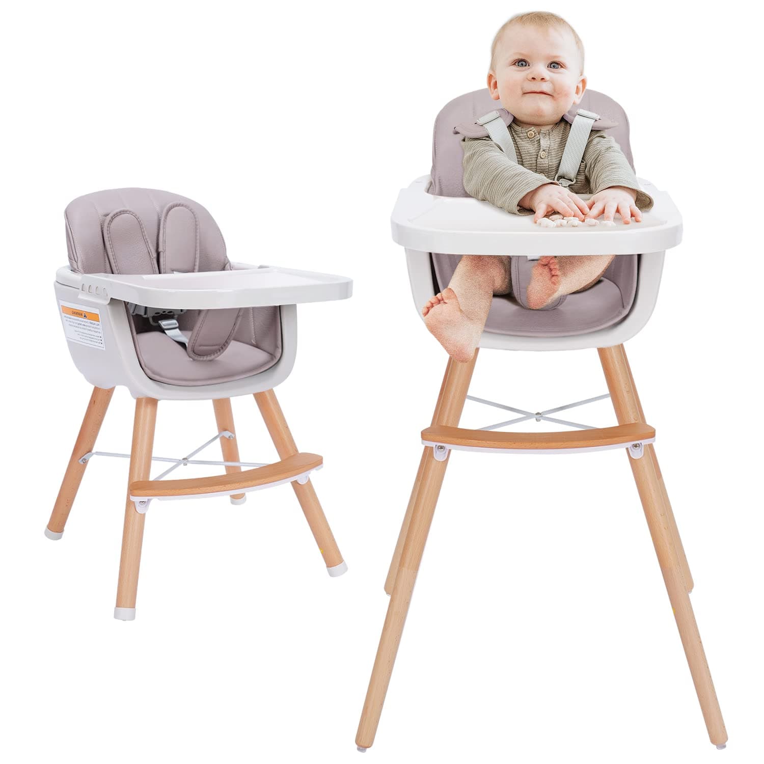 3-in-1 Wooden High Chair,Baby High Chair with Adjustable Legs & Dishwasher Safe Tray, Made of Sleek Hardwood & Premium Leatherette, Pink Color