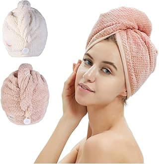 2 Pack Microfiber Hair Towel Wrap,Hair Drying Towel with Button, Hair Towel Turban,Quick Dry,Anti-frizz,Absorbent Head Towel (Pink&Beige)