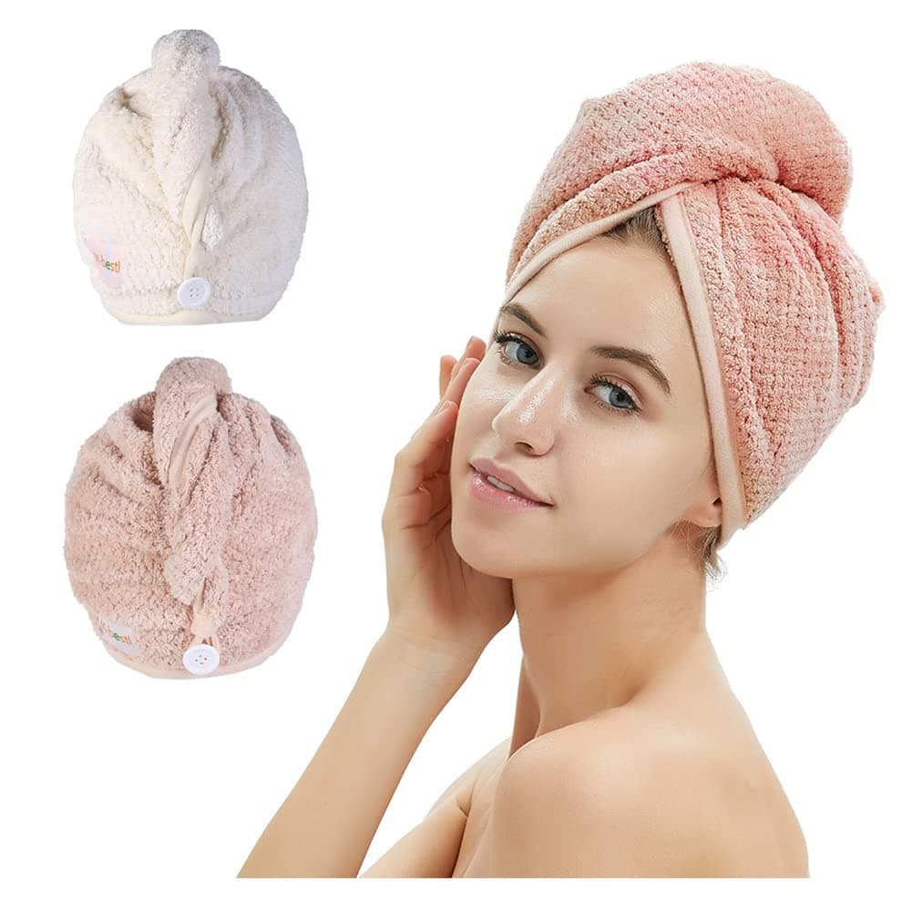 Hair Towel Microfiber Hair Dry Cap with Button 2 Pack (Pink & Beige)