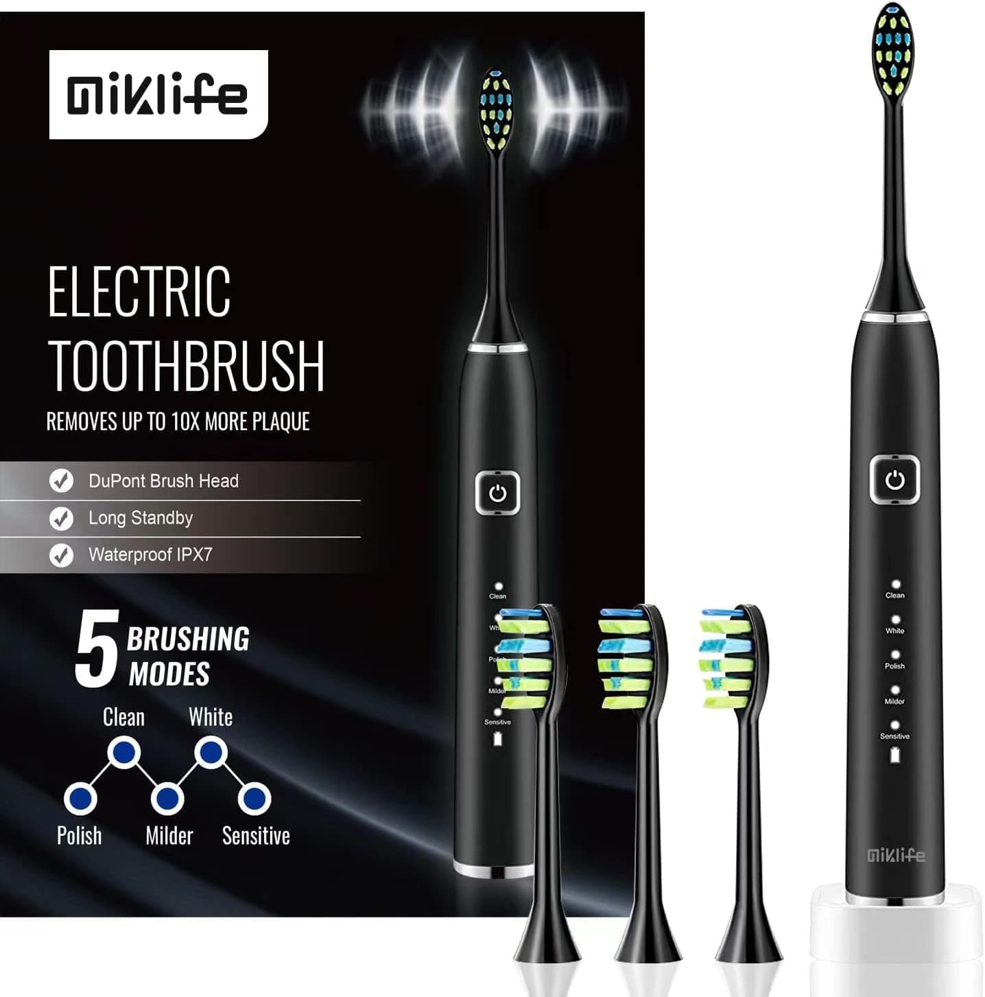 Sonic Electric Toothbrush 5 Modes Rechargeable Power Smart Toothbrush Cleaner With 3 Brush Heads For Adults Black