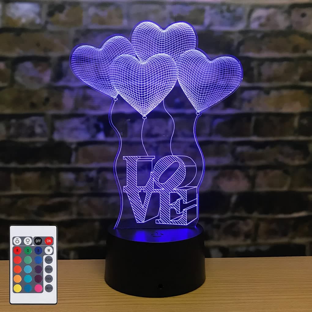 AZIMOM 3D Illusion Lamp 4 Love Heart Balloon Love Shape 16colors Night Light for Kid Touch Sensor &Remote Control USB Battery Power Bedside Desk Bedroom Home Decoration Boys & Girls Women Birthday