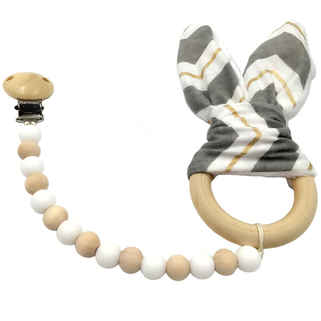 Coskiss Pacifier Clip Wooden Teether Montessori Toy Silicone Beads Wood Ring Grey White Gold Stripe Bunny Ear Wooden Baby Nursing