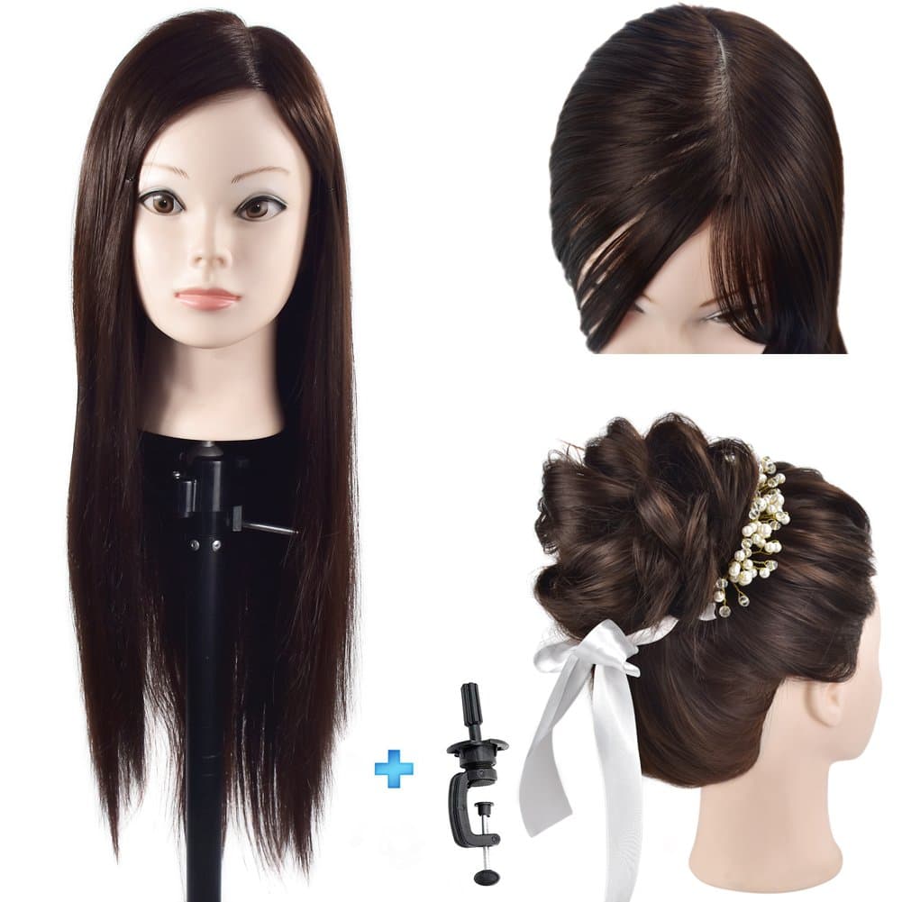 Cosmetology Mannequin Head with Hair for Braiding 26” Brown Training Head Manikin Doll Head Synthetic Fiber Hair with Clamp