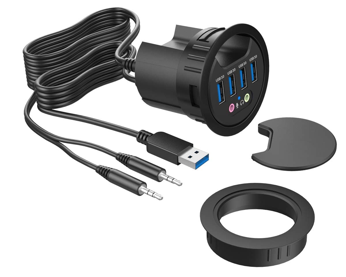 ineo Grommet Desk-Fit (Diameter 2.3" to 2.4") 4 Type A with 3.5mm Audio Mic Jack + 3.2" Expandable case (Power is not Included)[THC06-IV Plus]