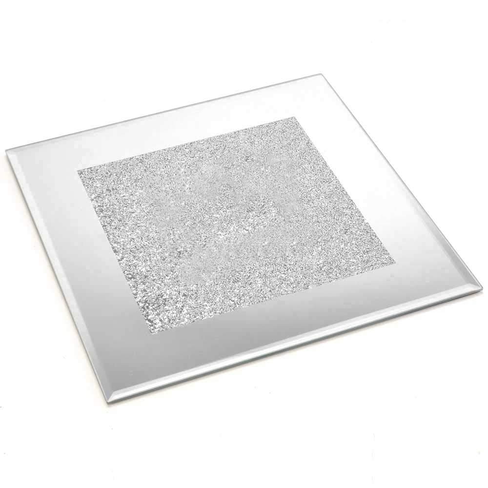 Angraves Lustre Silver Sparkle Square Glitter Mirrored Glass Dinner Placemat/Candle Plate