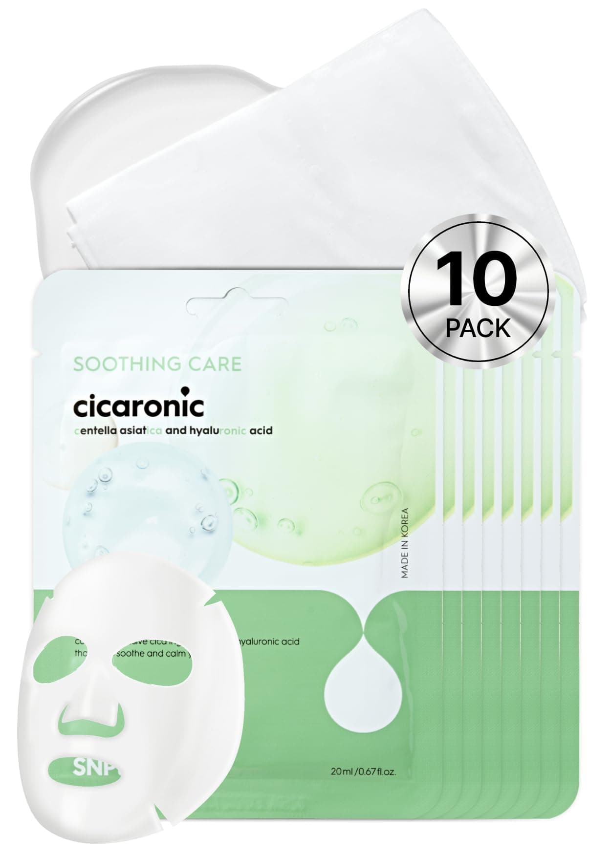 SNP Cicaronic Ampoule Sheet Mask | Soothing, Hydrating, and Calming for All Sensitive Skin Types with Cica, Hyaluronic | Face Masks Skincare | Korean Skin Care Facial Mask | 10 Sheets