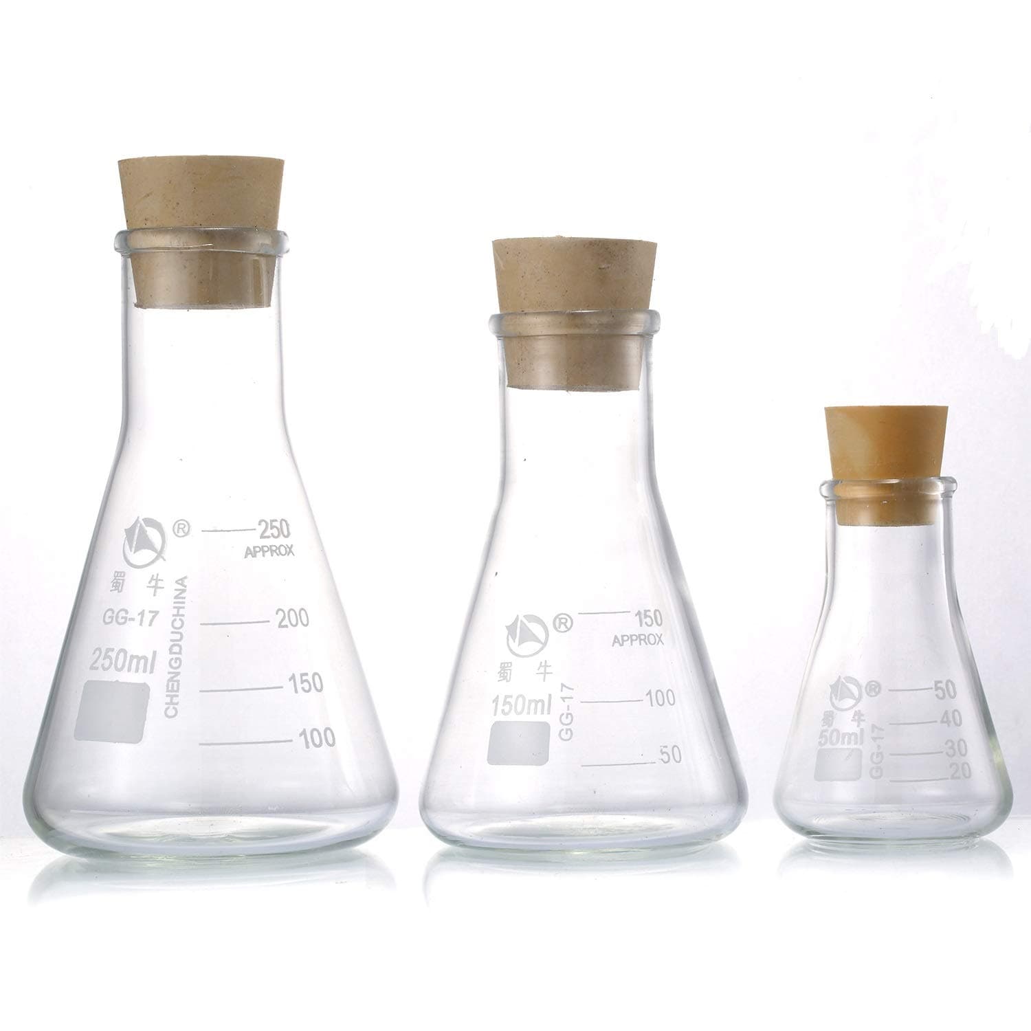 Glass Erlenmeyer Flask Set, (250 ml, 150 ml & 50 ml) Graduated Borosilicate Glass Erlenmeyer Flasks with Rubber Stoppers & Accurate Scales for Lab, Experiment, Chemistry, Science Studies etc
