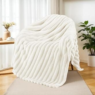 Exclusivo Mezcla Fleece Throw Blanket for Sofa, Super Soft Striped Jacquard Bed Blanket, Lightweight Fuzzy Cozy for All Seasons, 127x152 CM, Ivory Blanket