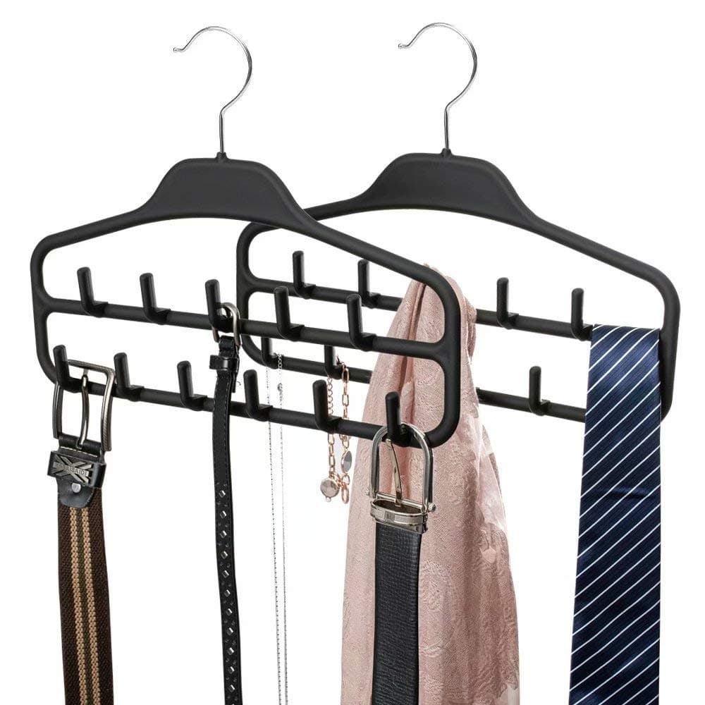 Belt Hanger Organizer 2 Pack, Non Slip Tie Rack Holder, Durable Hanging Closet Accessory Hooks for Belts, Ties, Jewelry, Scarves, Black