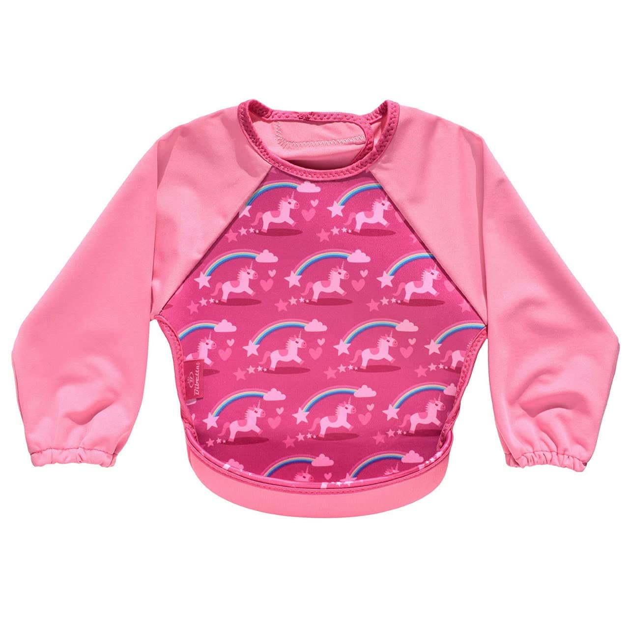 BibettaUltrabib - Weaning bib with sleeves - Premium Neoprene for Comfort - Waterproof - Baby bibs with Crumb Catcher Pocket for Feeding Toddler & Babies - Roll Up and Machine Washable (Pink Unicorn)