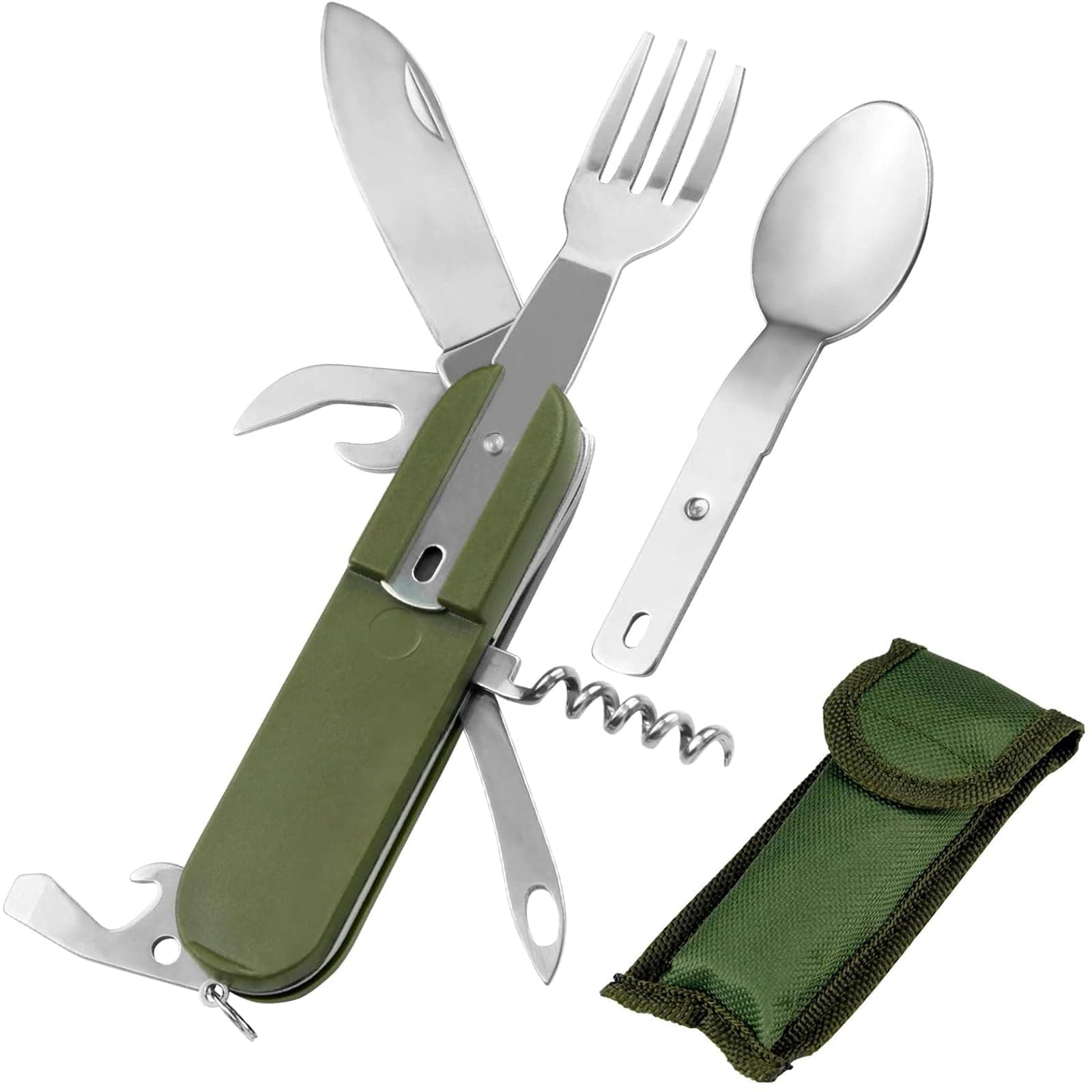 7-in-1 Camping Utensils - Portable Stainless Steel Camping Fork Spoon Knife Set for Hiking, Picnics Outdoor Enthusiasts, and Travel - Essential Survival Utensil Tool Kit