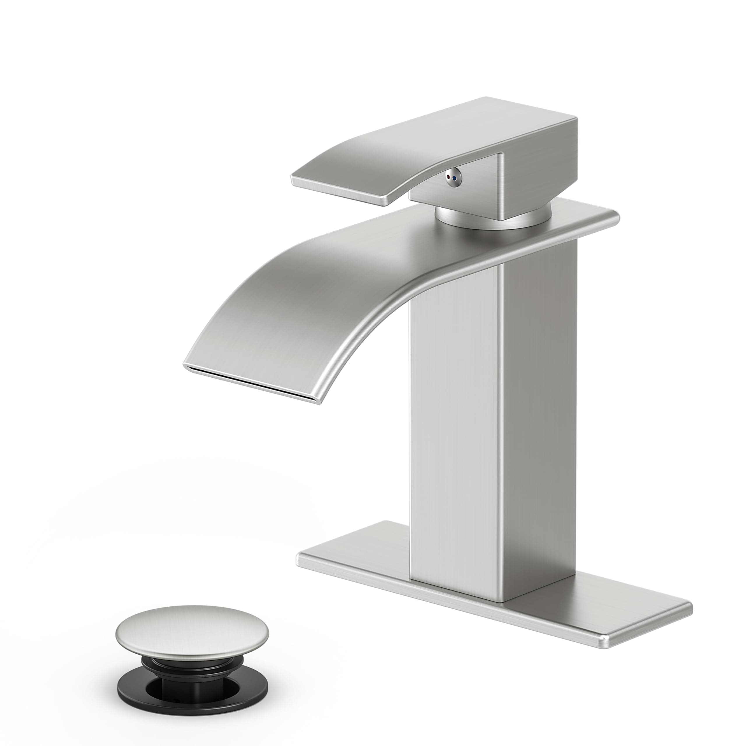 Bathroom Faucet Brushed Nickel Modern Waterfall Bathroom Sink Faucet with Single Handle Suitable for 1 or 3 Holes,Supply Deck Plate and Hose